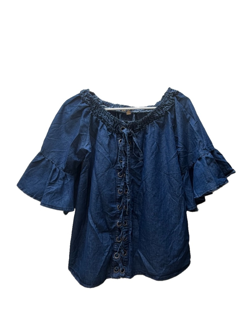 TAXI | 100% Cotton Peasant Top Smocked Neck Lace-Up Ruffle Bell Sleeve 1X